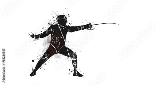 Fencer Silhouette Attack Dynamic Pose Splash Paint Effect Isolated White Background