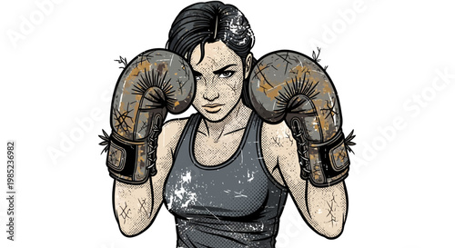 Fierce Woman Boxer with Worn Gloves