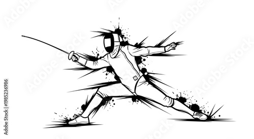 Fencer in action, dynamic pose, ink splash effect