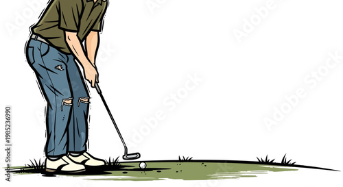 Golfer putting on green grass, ripped jeans, cartoon style