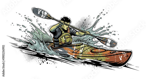 Kayaker paddling through splashing water, dynamic action illustration