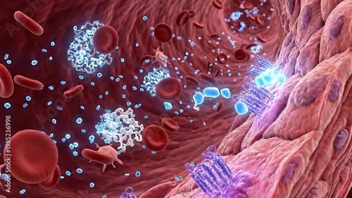 Insulin glucose hormone signaling through receptor along endothelial capillary bloodstream inside artery with red blood cell platelet immune cell antibody near vascular wall molecule transport 3D
