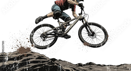 Mountain biker mid-air jump over dirt terrain, action shot