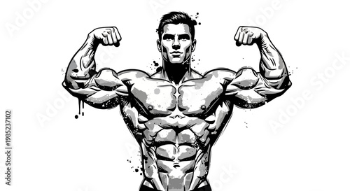 Muscular bodybuilder flexing arms, black and white illustration
