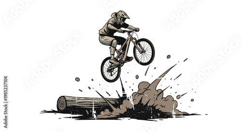Mountain biker mid-air jump over obstacle with dust explosion