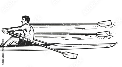 Rowing athlete in single scull boat, dynamic motion lines, vintage illustration