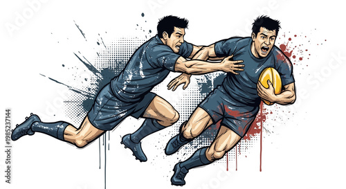Rugby players in action, one tackling the other, dynamic illustration with paint splatters