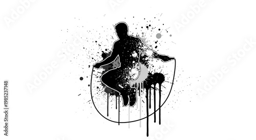Silhouette of person jumping rope with paint splatters