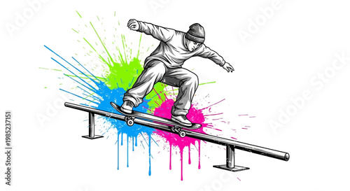 Skateboarder grinding on rail with colorful paint splashes, dynamic action shot