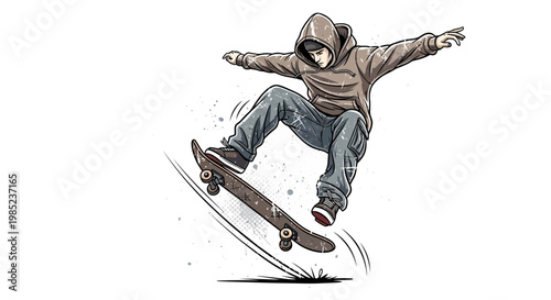 Skateboarder performing aerial trick on white background