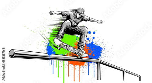 Skateboarder grinding on rail, dynamic paint splatter background