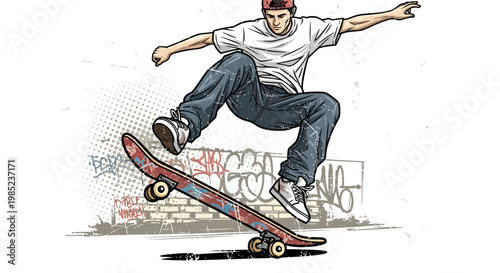 Skateboarder performing trick against graffiti wall