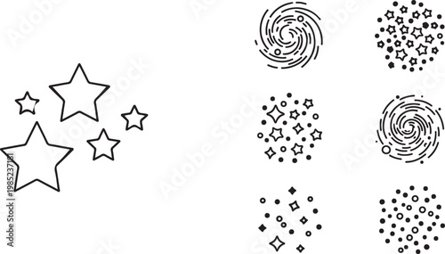 Celestial Body Icons with Starbursts and Galaxies during Night Sky Vector Isolated on white background