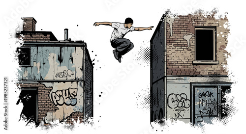 Urban athlete jumps between dilapidated buildings, parkour action