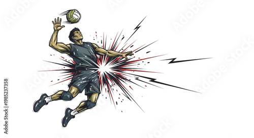 Volleyball Player Jumping and Spiking Ball with Energy Burst