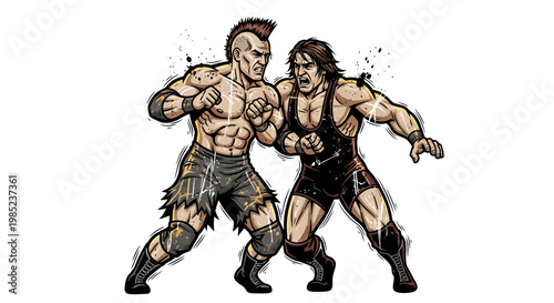 Two wrestlers in aggressive stance, one with mohawk, isolated on white