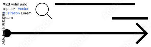 Search optimization, navigation, analytics, research process, data flow analysis, digital tools. Black arrow, magnifying glass and sample text. Search optimization and navigation concepts