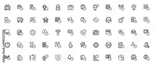 Timing_6656 icon set. Vector icons pack featuring television, pills, lock, briefcase, calendar, phone, camera, car, computer, money and more. Editable stroke.