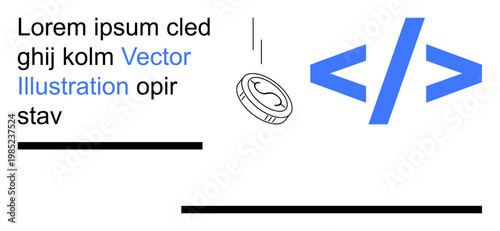 Technology, coding, economics, digital finance, web development, minimal design. Blue HTML tag symbol, falling coin and placeholder text. Technology and coding concept
