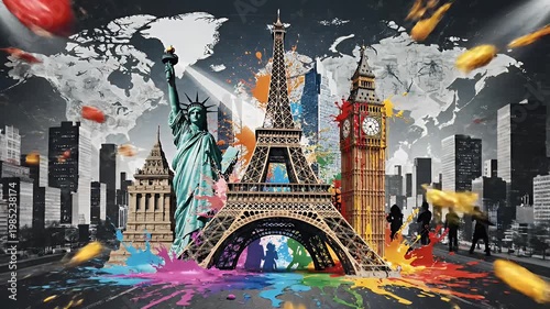 Vibrant Global Landmarks Collage Featuring Statue of Liberty, Eiffel Tower, and Big Ben in Colorful Paint Splashes