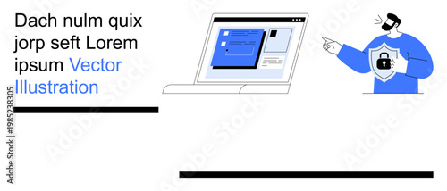 Online privacy, internet security, data protection, digital safety, safe communication, antivirus awareness. Laptop screen with content, person pointing at shield lock icon. Cybersecurity and data