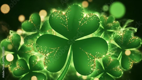 Vibrant Green Abstract Leaves with Bokeh Lights and Sparkling Orbs