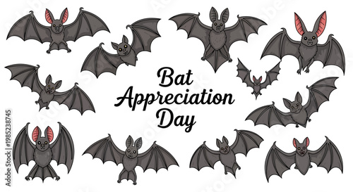A vector illustration celebrates Bat Appreciation Day with flying bat silhouettes scattered around the text, presented against a clean white backdrop to promote wildlife protection