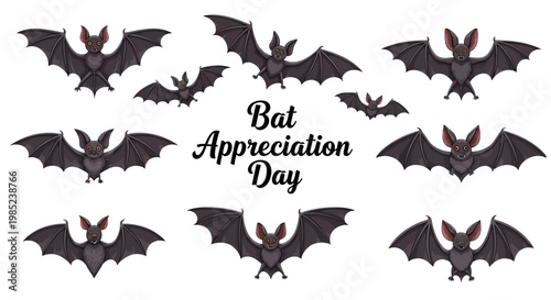 Digital vector art celebrating Bat Appreciation Day with a colony of flying bats, showcasing their wings in silhouette against a clean white background, promoting wildlife conservation