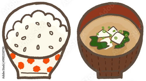 ごはんとお味噌汁（豆腐とワカメ）、シンプルでかわいくデフォルメした手描き風のイラスト