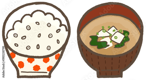 もち麦ご飯と豆腐のお味噌汁、シンプルでかわいくデフォルメした手描きイラスト（暮らしシリーズ）
