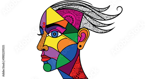 Abstract geometric portrait of a colorfully tiled human head in cubist street art style with flowing hair