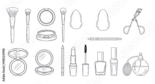 Cosmetic Collection Sketch: Makeup Brushes, Lipstick, Mascara, Nail Polish, Perfume Bottle