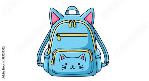 Cute Blue Cat Backpack for Kids, Kawaii School Bag with Ears and Face