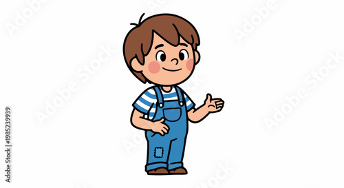 A cheerful cartoon boy wearing blue overalls and a plaid shirt gestures with a friendly smile on a plain white background.