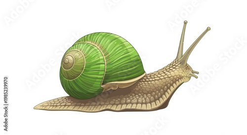 Green Snail Crawling on White Background, Macro Detail