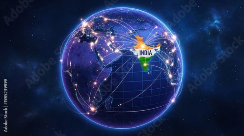 Digital Globe Highlighting India with Tricolor Flag Overlay and Global Network Connections Concept