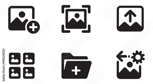 Set of black photo and gallery interface icons including add image upload crop and folder management symbols.
