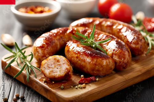 Linguiça  assada, frita,  sobre uma táboa de corte
