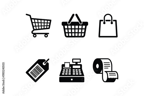 Shopping and retail icon set with cart basket and bag - Minimalist shopping silhouette set for online store and supermarket
