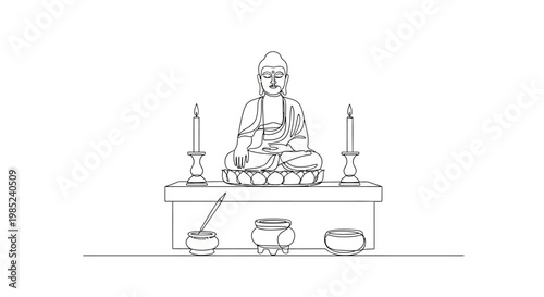 Zen Buddhist Altar with Buddha Statue and Incense Burners