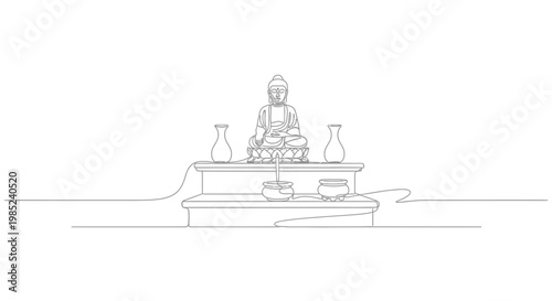 Zen Buddhist Altar with Buddha Statue, Incense Burner, and Vases Line Art