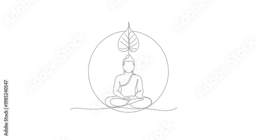 Buddha meditation line art, serene enlightenment symbol with bodhi leaf and circle