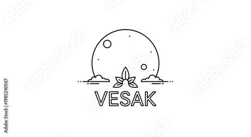 Vesak Day Line Art: Full Moon, Lotus Flower, Clouds, Minimalist Celebration Symbol