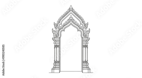 Ornate Asian Temple Archway Entrance - Line Art Illustration