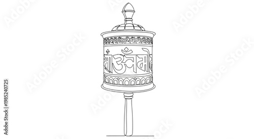 Tibetan Prayer Wheel Line Art Icon - Om Symbol and Mantra Illustration