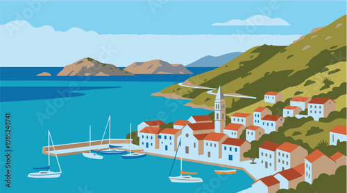 A colorful vector illustration of a coastal village with white houses, red roofs, a harbor with boats, calm blue sea, and hills in the background under a clear sky.
