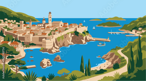 Flat vector illustration of a picturesque Mediterranean coastal town with terracotta rooftops, historic architecture, boats in a turquoise harbor, and lush green hills under a clear blue sky.