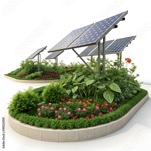 Solar power plant with panels on rooftops and green fields under a bright sky generating clean energy