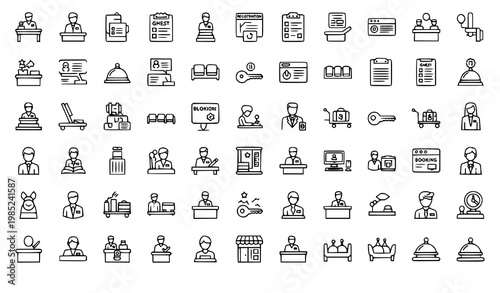 Reception and Hospitality 50 Line Icons Set Lobby Guest Service Editable Stroke Vector