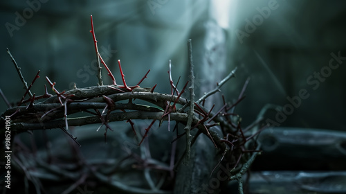 A dramatic and symbolic image of a crown of thorns resting on dark ground, illuminated by soft heavenly light from above